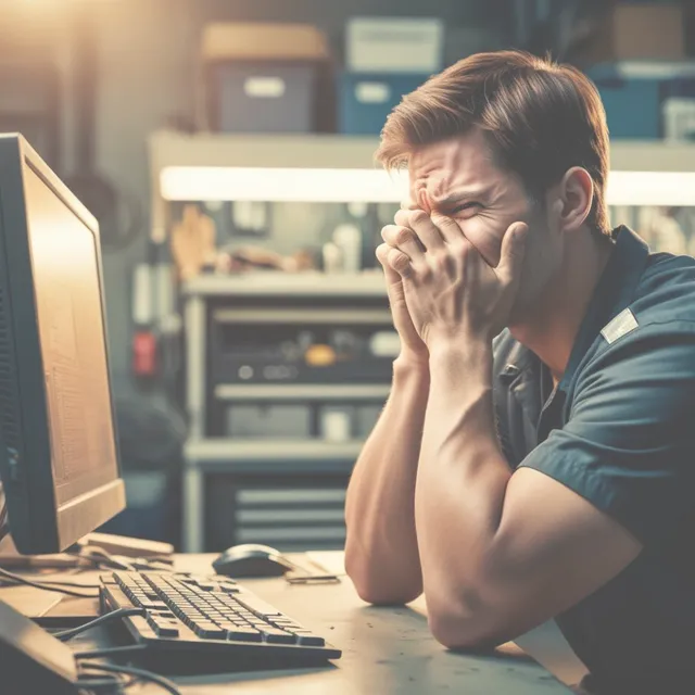 Frustrated garage owner at a workshop computer with his head in his hands