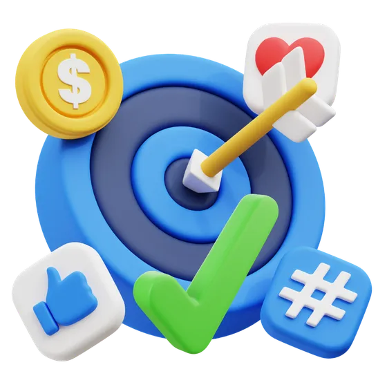 3D illustration of a target with social media engagement icons around it