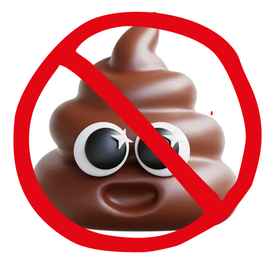 A poo emoji crossed out with a red prohibition sign: no BS