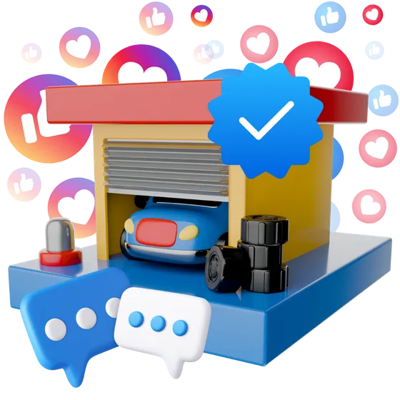 3D illustration of a garage surrounded by social media likes, hearts and messages